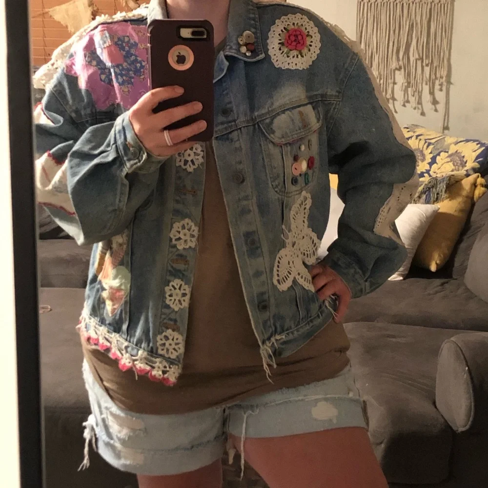 Embellished Blue Jean Jacket Crochet Patchwork - Picture 4 of 14